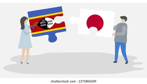 Couple holding two puzzles pieces with Swazi and Japanese flags. Swaziland and Japan national symbols together.