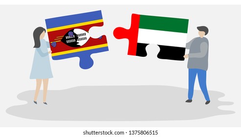 Couple holding two puzzles pieces with Swazi and Emirian flags. Swaziland and United Arab Emirates national symbols together.