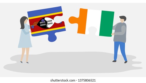 Couple holding two puzzles pieces with Swazi and Ivorian flags. Swaziland and Ivory Coast national symbols together.