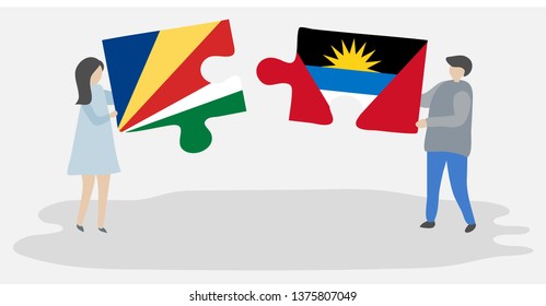 Couple holding two puzzles pieces with Seychellois and Antiguan flags. Seychelles and Antigua and Barbuda national symbols together.
