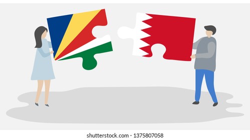 Couple holding two puzzles pieces with Seychellois and Bahraini flags. Seychelles and Bahrain national symbols together.