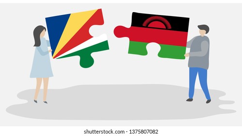 Couple holding two puzzles pieces with Seychellois and Malawian flags. Seychelles and Malawi national symbols together.