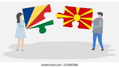 Couple holding two puzzles pieces with Seychellois and Macedonian flags. Seychelles and Macedonia national symbols together.