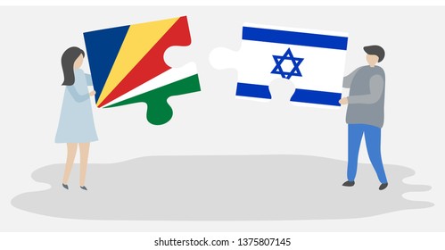 Couple holding two puzzles pieces with Seychellois and Israeli flags. Seychelles and Israel national symbols together.