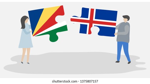 Couple holding two puzzles pieces with Seychellois and Icelandic flags. Seychelles and Iceland national symbols together.