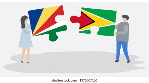 Couple holding two puzzles pieces with Seychellois and Guyanese flags. Seychelles and Guyana national symbols together.