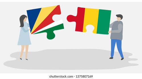 Couple holding two puzzles pieces with Seychellois and Guinean flags. Seychelles and Guinea national symbols together.