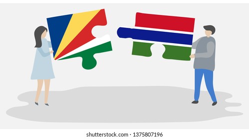 Couple holding two puzzles pieces with Seychellois and Gambian flags. Seychelles and Gambia national symbols together.