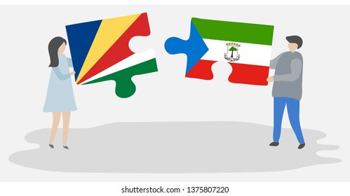 Couple holding two puzzles pieces with Seychellois and Equatorial Guinean flags. Seychelles and Equatorial Guinea national symbols together.