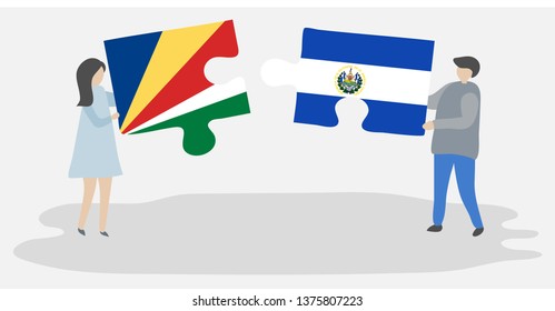 Couple holding two puzzles pieces with Seychellois and Salvadoran flags. Seychelles and El Salvador national symbols together.