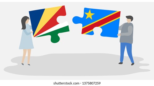 Couple holding two puzzles pieces with Seychellois and Congolese flags. Seychelles and Democratic Republic of the Congo national symbols together.
