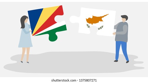 Couple holding two puzzles pieces with Seychellois and Cypriot flags. Seychelles and Cyprus national symbols together.