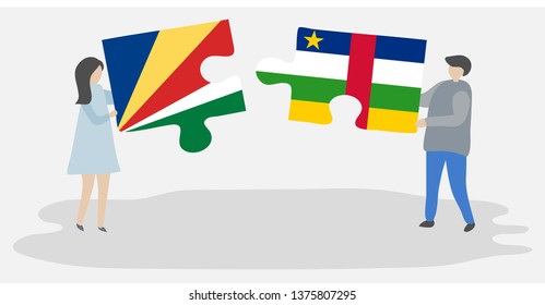 Couple holding two puzzles pieces with Seychellois and Central African flags. Seychelles and Central African Republic national symbols together.