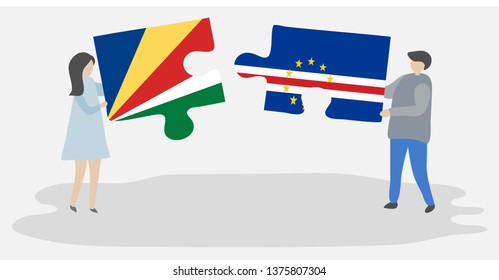 Couple holding two puzzles pieces with Seychellois and Cabo Verdean flags. Seychelles and Cape Verde national symbols together.