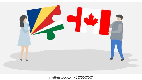 Couple holding two puzzles pieces with Seychellois and Canadian flags. Seychelles and Canada national symbols together.