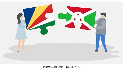 Couple holding two puzzles pieces with Seychellois and Burundian flags. Seychelles and Burundi national symbols together.