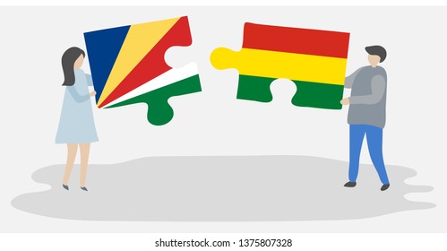 Couple holding two puzzles pieces with Seychellois and Bolivian flags. Seychelles and Bolivia national symbols together.