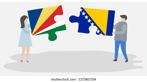Couple holding two puzzles pieces with Seychellois and Bosnian flags. Seychelles and Bosnia and Herzegovina national symbols together.