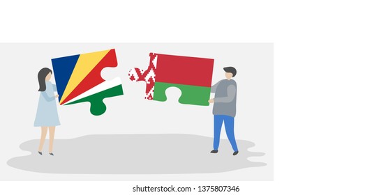 Couple holding two puzzles pieces with Seychellois and Belarusian flags. Seychelles and Belarus national symbols together.