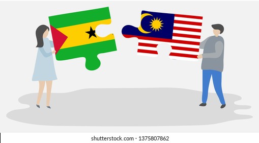Couple holding two puzzles pieces with Sao Tomean and Malaysian flags. Sao Tome and Principe and Malaysia national symbols together.