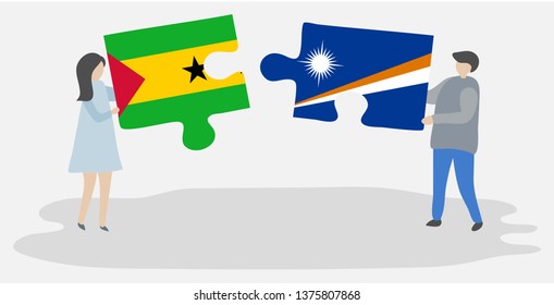 Couple holding two puzzles pieces with Sao Tomean and Marshallese flags. Sao Tome and Principe and Marshall Islands national symbols together.