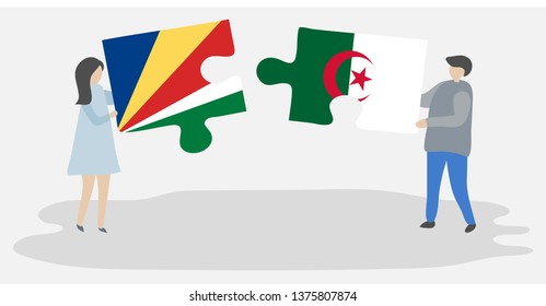 Couple holding two puzzles pieces with Seychellois and Algerian flags. Seychelles and Algeria national symbols together.
