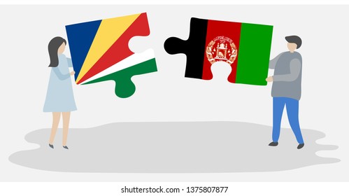 Couple holding two puzzles pieces with Seychellois and Afghan flags. Seychelles and Afghanistan national symbols together.