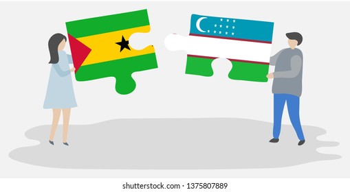 Couple holding two puzzles pieces with Sao Tomean and Uzbek flags. Sao Tome and Principe and Uzbekistan national symbols together.