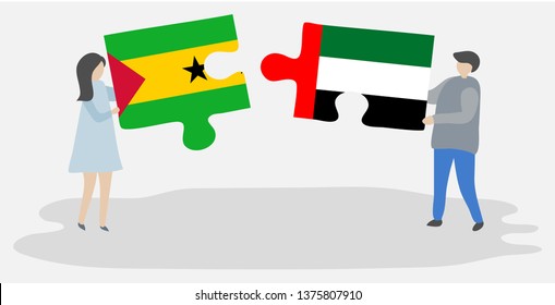 Couple holding two puzzles pieces with Sao Tomean and Emirian flags. Sao Tome and Principe and United Arab Emirates national symbols together.