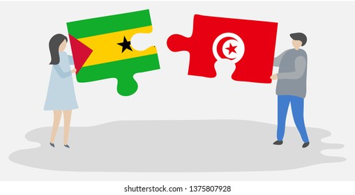 Couple holding two puzzles pieces with Sao Tomean and Tunisian flags. Sao Tome and Principe and Tunisia national symbols together.