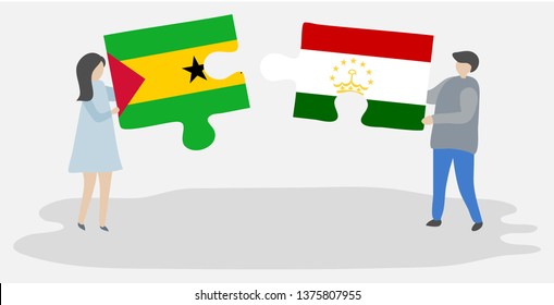 Couple holding two puzzles pieces with Sao Tomean and Tajikistani flags. Sao Tome and Principe and Tajikistan national symbols together.
