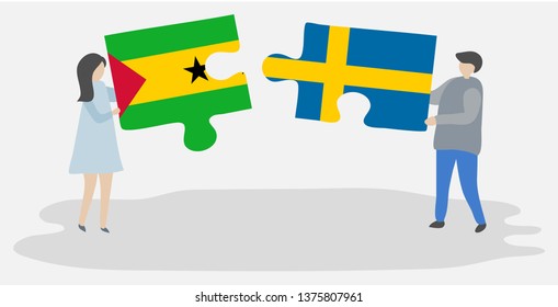 Couple holding two puzzles pieces with Sao Tomean and Swedish flags. Sao Tome and Principe and Sweden national symbols together.