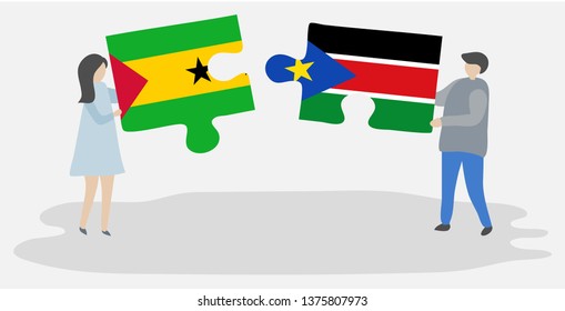 Couple holding two puzzles pieces with Sao Tomean and South Sudanese flags. Sao Tome and Principe and South Sudan national symbols together.