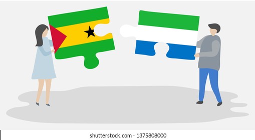 Couple holding two puzzles pieces with Sao Tomean and Sierra Leonean flags. Sao Tome and Principe and Sierra Leone national symbols together.