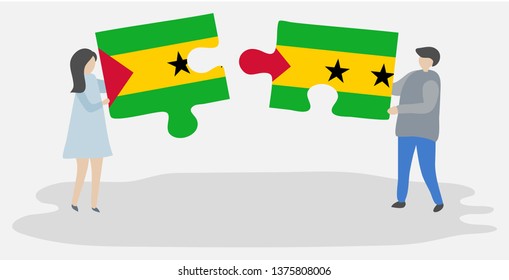 Couple holding two puzzles pieces with Sao Tomean and Sao Tomean flags. Sao Tome and Principe and Sao Tome and Principe national symbols together.