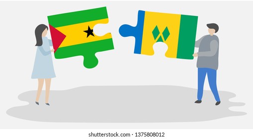 Couple holding two puzzles pieces with Sao Tomean and Vincentian flags. Sao Tome and Principe and Saint Vincent and the Grenadines national symbols together.