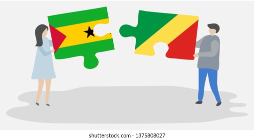 Couple holding two puzzles pieces with Sao Tomean and Congolese flags. Sao Tome and Principe and Republic of the Congo national symbols together.