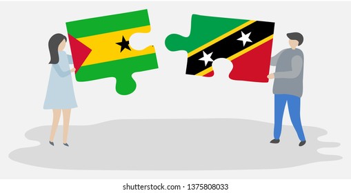 Couple holding two puzzles pieces with Sao Tomean and Kittitian flags. Sao Tome and Principe and Saint Kitts and Nevis national symbols together.