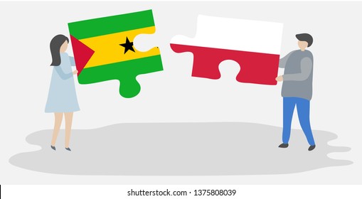 Couple holding two puzzles pieces with Sao Tomean and Polish flags. Sao Tome and Principe and Poland national symbols together.
