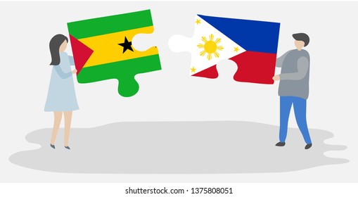 Couple holding two puzzles pieces with Sao Tomean and Filipino flags. Sao Tome and Principe and Philippines national symbols together.