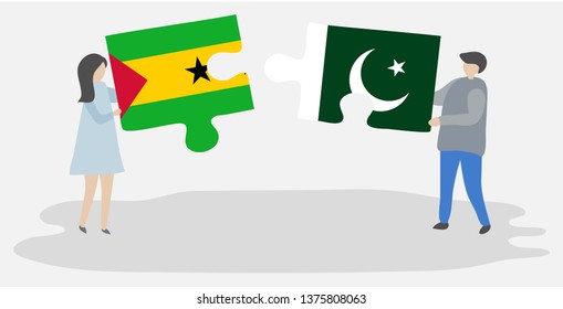 Couple holding two puzzles pieces with Sao Tomean and Pakistani flags. Sao Tome and Principe and Pakistan national symbols together.