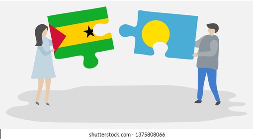 Couple holding two puzzles pieces with Sao Tomean and Palauan flags. Sao Tome and Principe and Palau national symbols together.