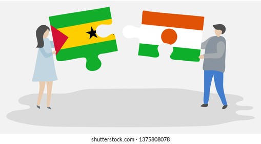 Couple holding two puzzles pieces with Sao Tomean and Nigerien flags. Sao Tome and Principe and Niger national symbols together.