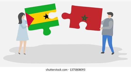 Couple holding two puzzles pieces with Sao Tomean and Moroccan flags. Sao Tome and Principe and Morocco national symbols together.
