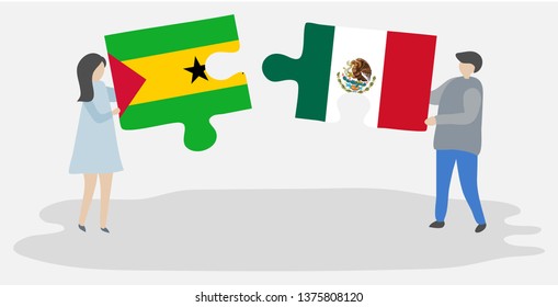 Couple holding two puzzles pieces with Sao Tomean and Mexican flags. Sao Tome and Principe and Mexico national symbols together.