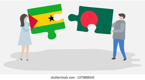 Couple holding two puzzles pieces with Sao Tomean and Bangladeshi flags. Sao Tome and Principe and Bangladesh national symbols together.