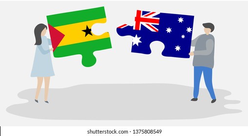 Couple holding two puzzles pieces with Sao Tomean and Australian flags. Sao Tome and Principe and Australia national symbols together.