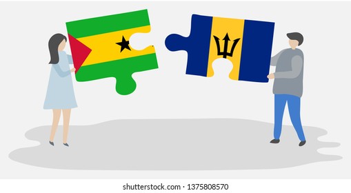 Couple holding two puzzles pieces with Sao Tomean and Barbadian flags. Sao Tome and Principe and Barbados national symbols together.