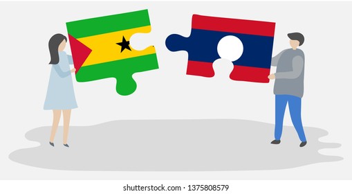 Couple holding two puzzles pieces with Sao Tomean and Lao flags. Sao Tome and Principe and Laos national symbols together.