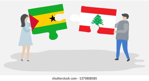 Couple holding two puzzles pieces with Sao Tomean and Lebanese flags. Sao Tome and Principe and Lebanon national symbols together.